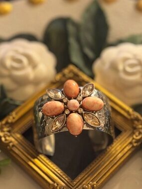 Silver With Pink Crystals and Orange Cabochon VTG Maltese Cross Cuff Bracelet
